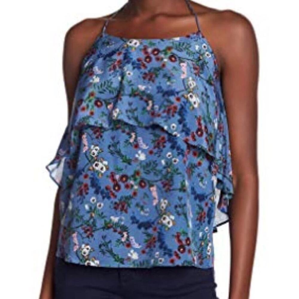 Alice + Olivia Marybeth Blue Floral Layered Halter Top Silk Blouse Womens Size M